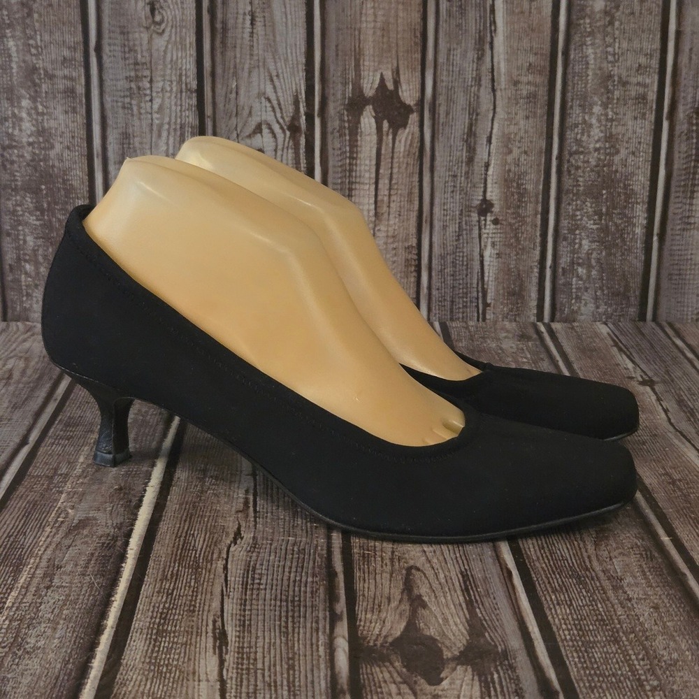 9 M Donald J Pliner Seana Black Stretch Square Toe Kitten Heel Pumps Shoes EUC!